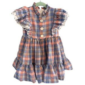 Toddler Girls Plaid Ruffle Spanish Dress With Button Front & Short Sleeves 24 Mo